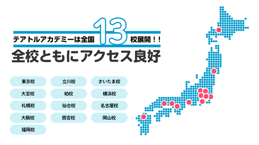 テアトルアカデミーは全国13ヶ所に校舎があります！