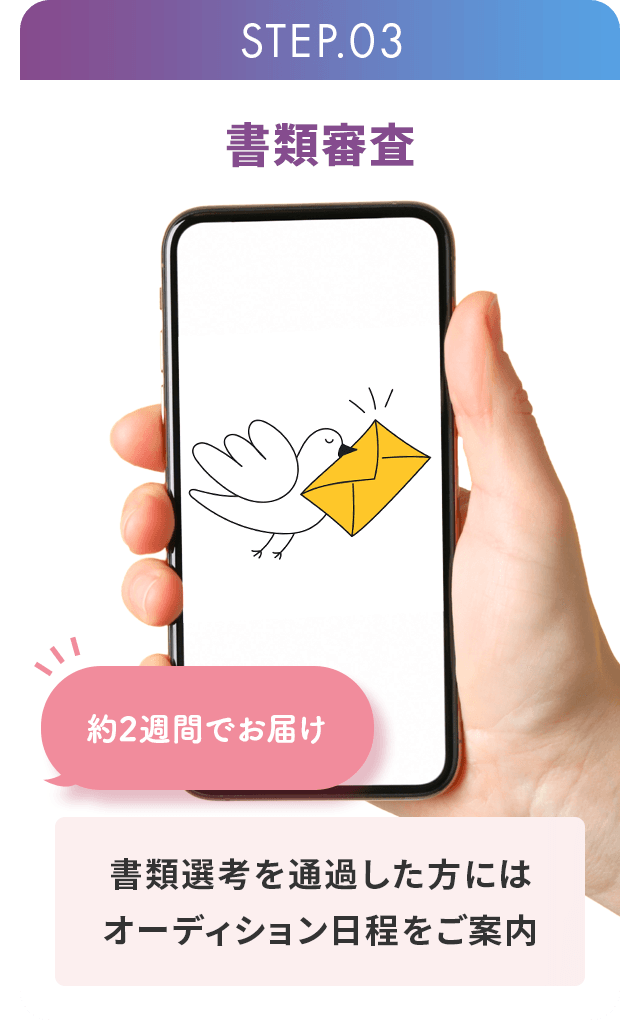 STEP3.書類審査 約2週間でお届け 書類選考を通過した方にはオーディション日程をご案内